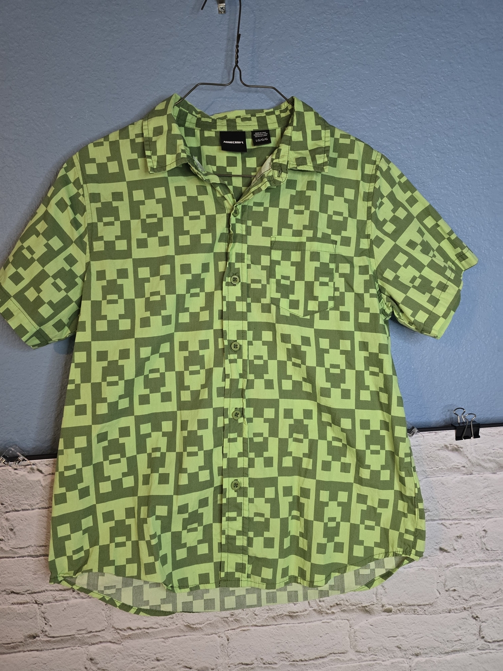 Pronto Uomo Lime Green Geometric Short-Sleeve Button-Down Shirt Sz L